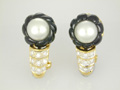 Pearl, Onyx, and Diamond Earrings Yellow Gold 22K